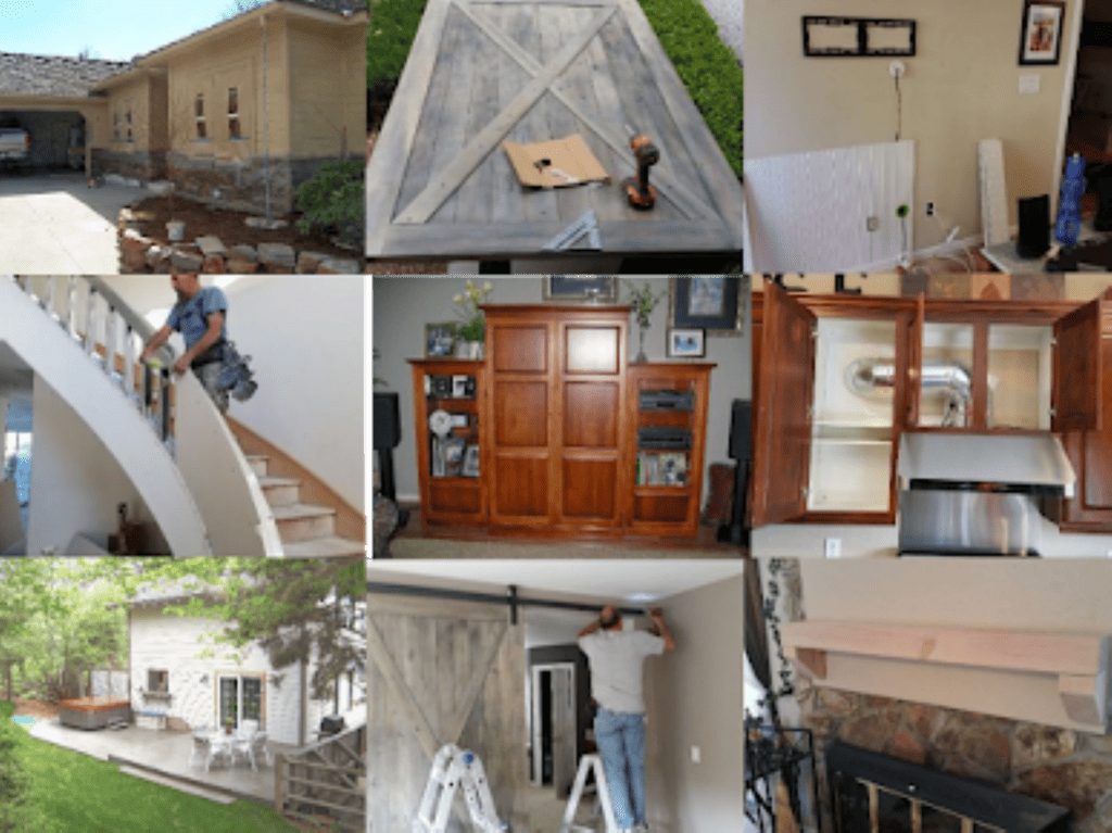 Various stages of woodworking and carpentry projects in a workshop and residential setting.